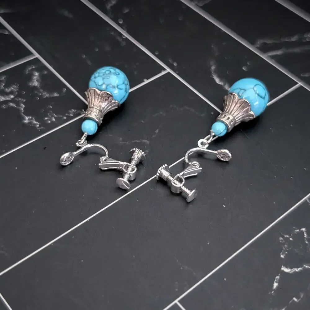Vintage Clip On Earrings Silver Tone & Turquoise Tone Dangle Ball - Statement